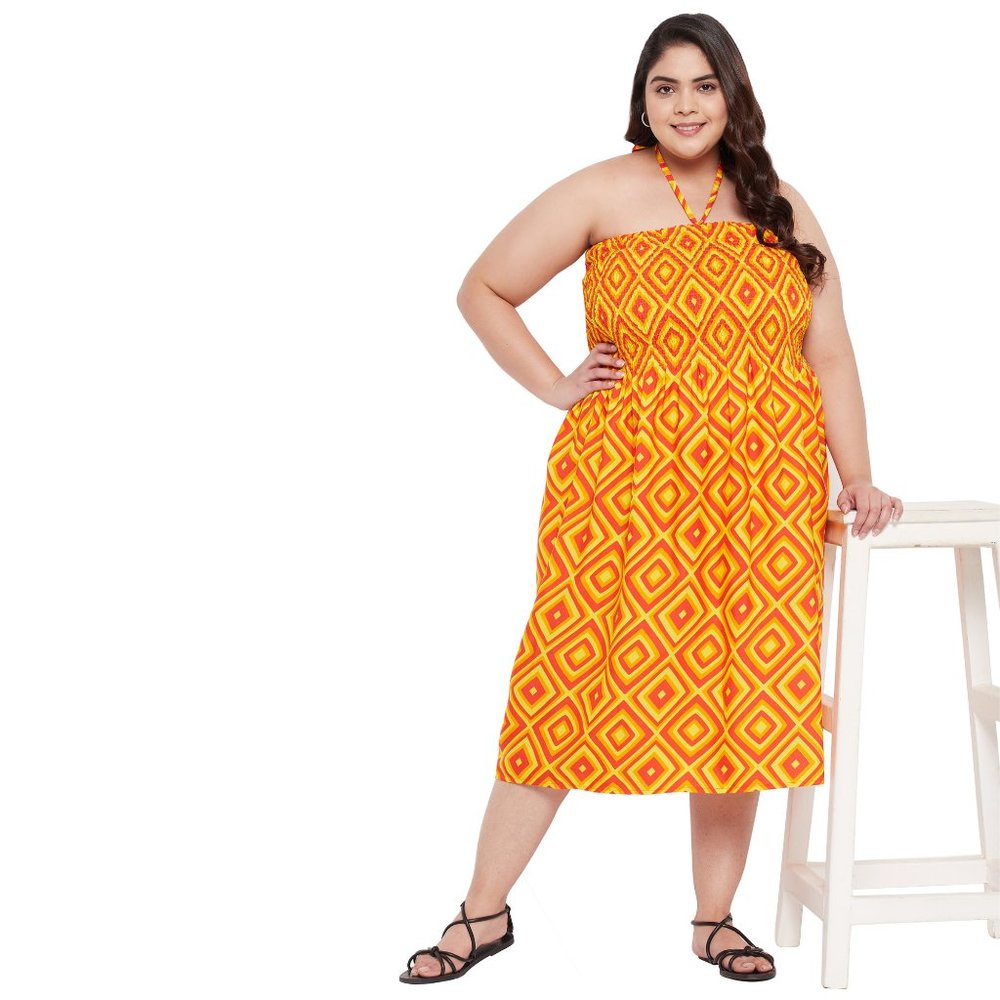 Geometric Print Orange Polyester Tube Dress for Women
